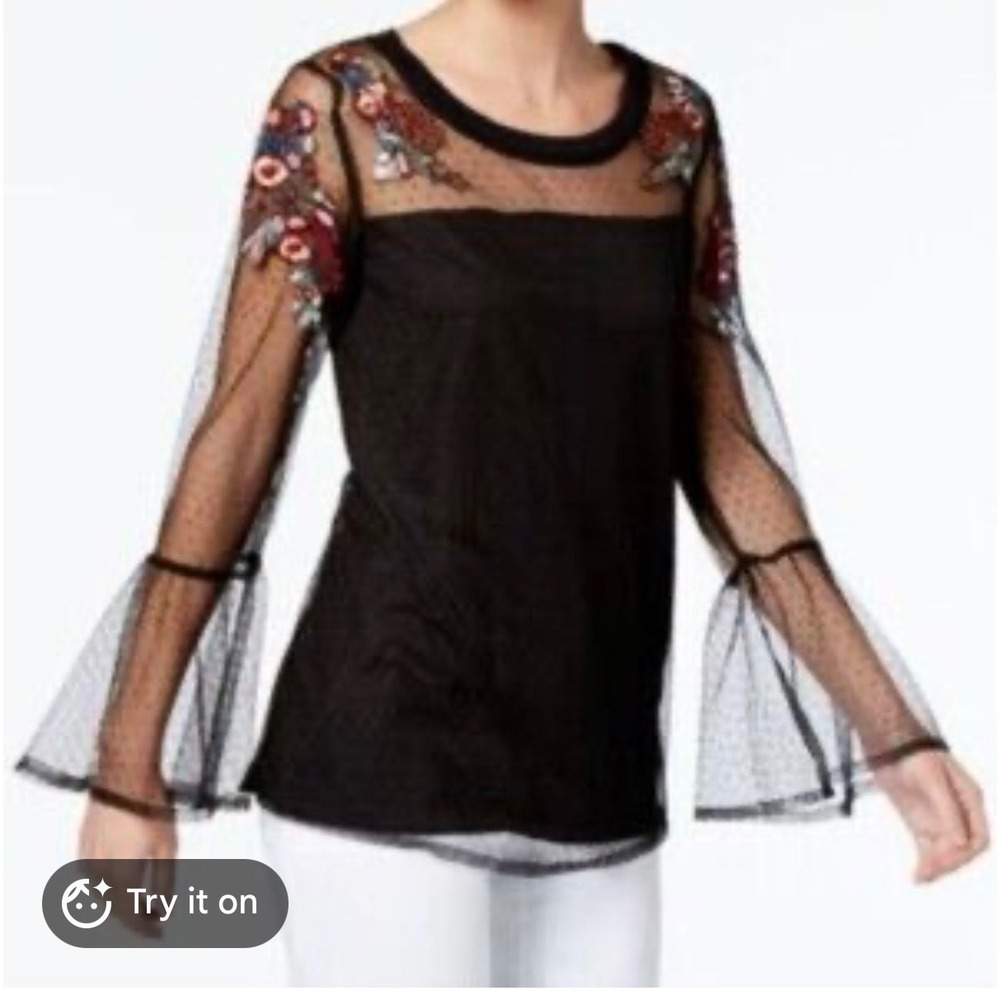 NY Collection Black Mesh Floral Embroidered Bell Sleeve Top Small Whimsigoth